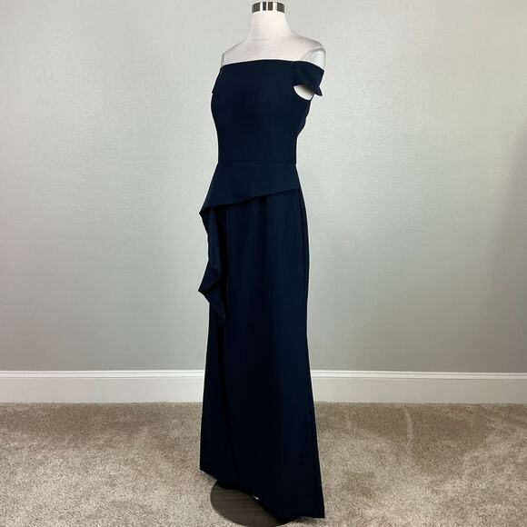 Vince Camuto Off the Shoulder Column Evening Gown Blue Size 6 Ruffled Side Slit - Picture 4 of 14